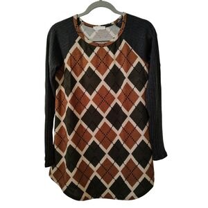 REB. in J. Women's Long Sleeve Tunic Shirt Top Medium Argyle Green‎ Brown Cream